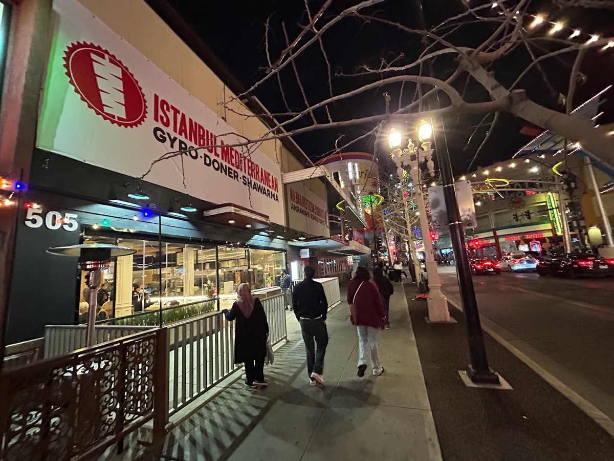 Istanbul Mediterranean 2 at 505 Fremont Street at night