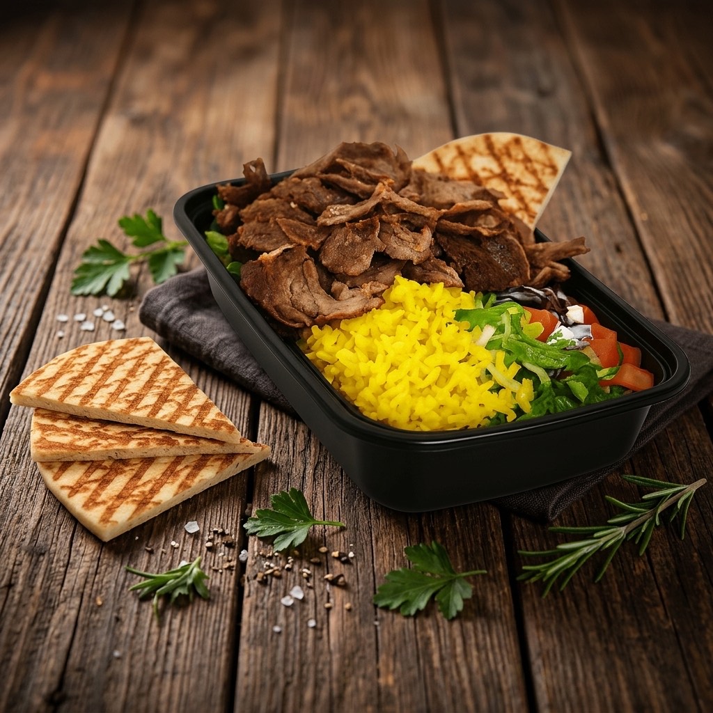Carved beef and lamb doner over rice